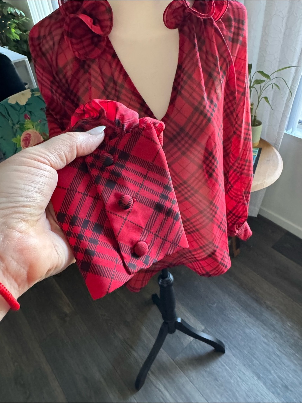 Boston Proper Red Plaid Ruffle V-Neck Blouse - Picture 3 of 8
